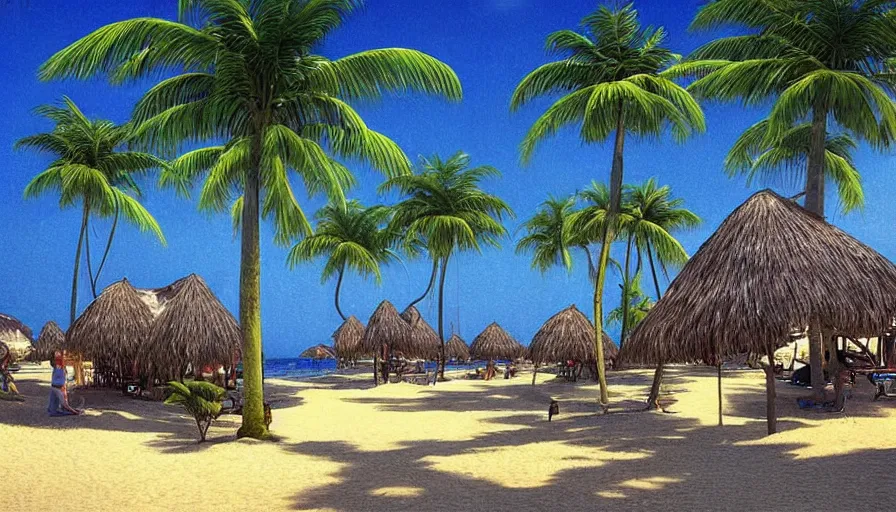 Image similar to beautiful seaside tropical beach village by moebius, very beautiful, volumetric lighting