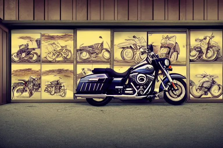 Prompt: harley davidson in front of a store, perspective, panoramic view, soft colors, pop art style