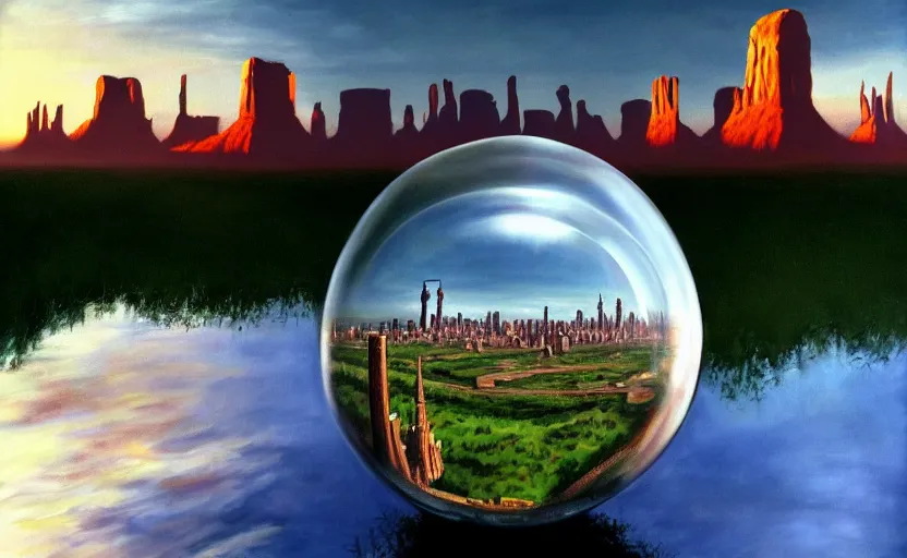 Image similar to a scary hyperrealist painting of new york city inside a giant transparent forcefield crystal ball from howl's moving castle ( 2 0 0 4 ) in a flooded monument valley stonehenge jungle. depth perception, 4 k, artstation, in the style of studio ghibli