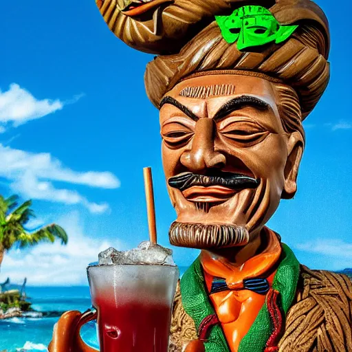 Image similar to a closeup photorealistic photograph of smiling salvador dali at trader vic's bar sitting next to a trader vic's style tiki mug featuring the face of salvador dali. tiki culture. bright scene. 4 k hd image that's trending on artstation, featured on behance, well rendered, extra crisp, features epic composition and the style of unreal engine.