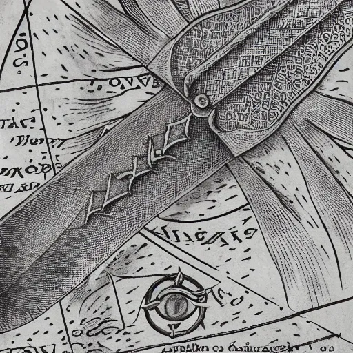 Prompt: a sword blade engraved with a medieval map design