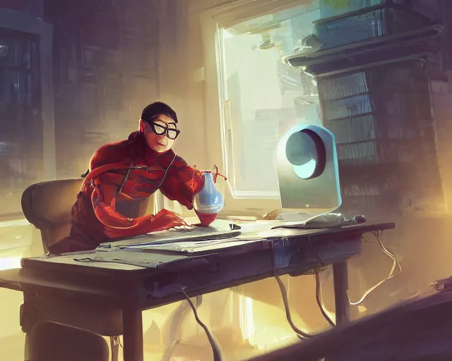 Image similar to an insanely detailed painting of a nerdy asian man wearing a superhero costume, sitting at a desk, staring at the nervously at the computer and typing, in the style of peter mohrbacher, dramatic lighting and composition, octane render, pixar, trending on artstation, concept art, comic book, view from behind