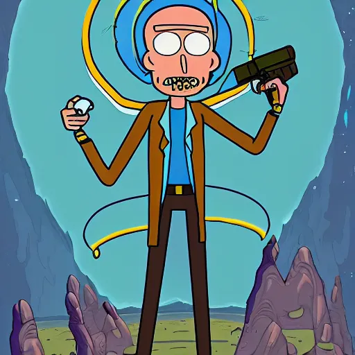 Image similar to portrait of alien rick holding a cybernetic rifle, rick and morty forever and forever a hundred years! g