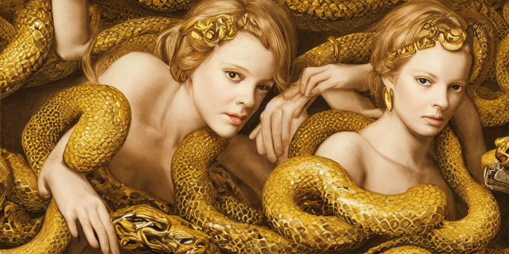 Image similar to realistic portrait of beautiful scylla with her snakes, golden, delicate, facing camera, hyper realism, 1 4 5 0, ink, ultra realistic, 8 k