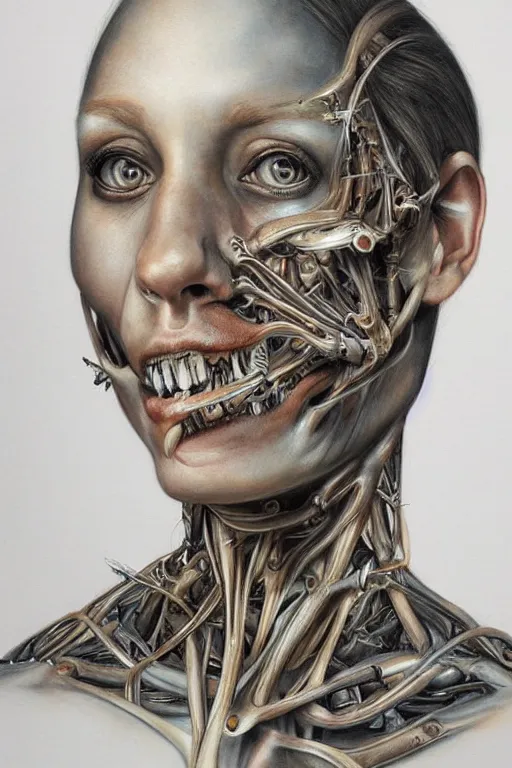 Image similar to beautiful painting portrait of biomechanical being by marco mazzoni, detailed, realistic skin color