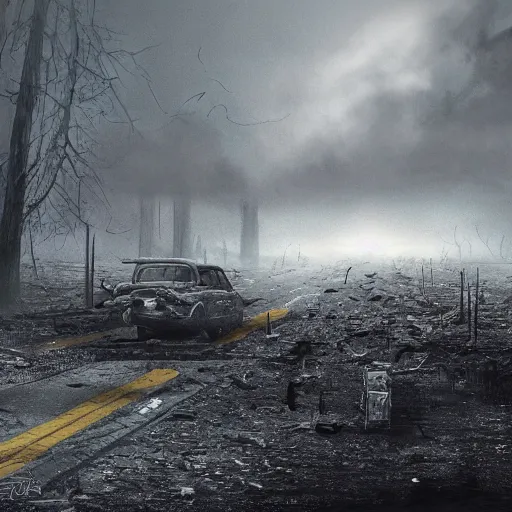 Image similar to hyper realism, realistic apocalyptic war scene, dense fog