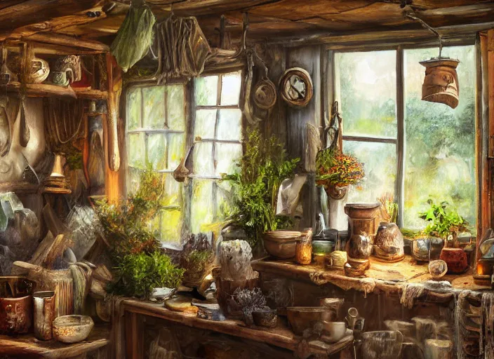 Prompt: expressive rustic oil painting, interior view of a cluttered herbalist cottage, waxy candles, wood furnishings, herbs hanging, light bloom, dust, ambient occlusion, rays of light coming through windows, dim lighting, brush strokes oil painting