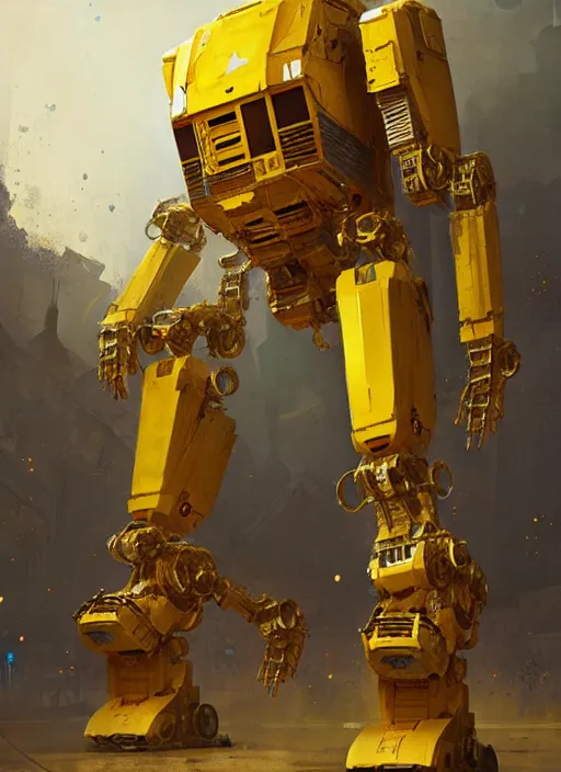 Image similar to human-sized strong intricate yellow pit droid, pancake short large head painterly humanoid mecha, by Greg Rutkowski