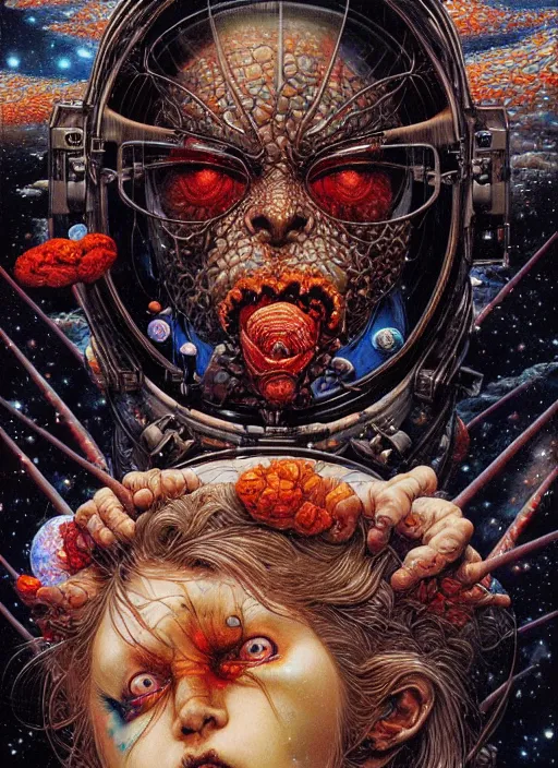 Prompt: realistic detailed image of a scared putin eating children in the outer space by Ayami Kojima, Amano, Karol Bak, Greg Hildebrandt, and Mark Brooks, Neo-Gothic, gothic, rich deep colors. Beksinski painting. art by Takato Yamamoto. masterpiece