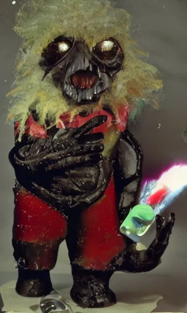 Image similar to colorful crystal gary busey creature, 9 0 s toy commercial, photo from the 7 0 s, horror lighting, neon lighting, polaroid photo,