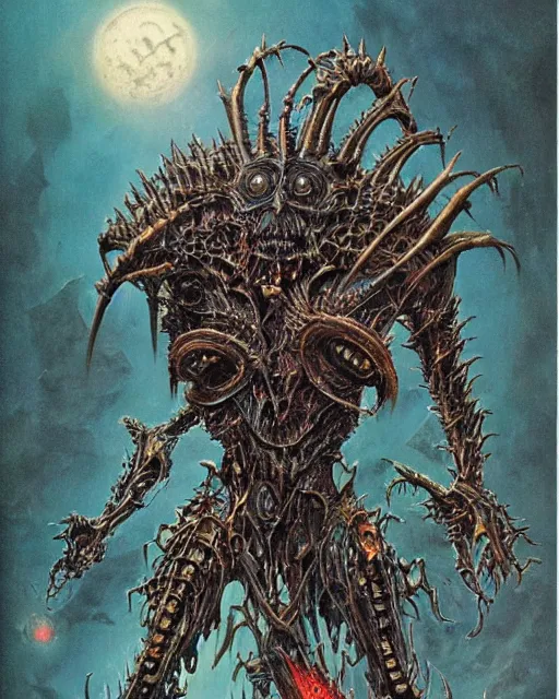 Image similar to biomechanical warhammer final boss creature vecna, art by bruce pennington