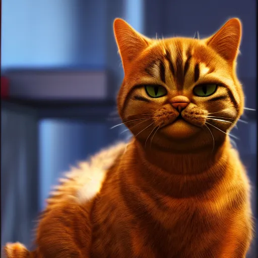 Image similar to photorealistic garfield the cat, atmospheric lighting, details, crisp