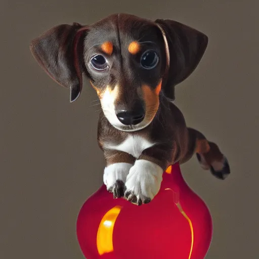 Prompt: portrait of a playful dachshund puppy that's mostly a hybrid murano glass vase, digital art