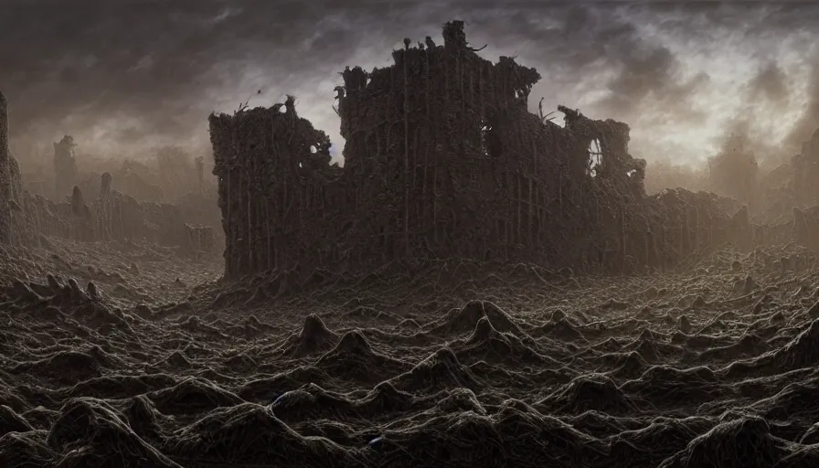 Image similar to death field, a destroyed castle in the distance, rotting, fine details, blood, digital art, volumetric lighting, cinematic light, photorealistic, by dan mumford and zdzisław beksinski, by giger, by caravaggio, 4 k,