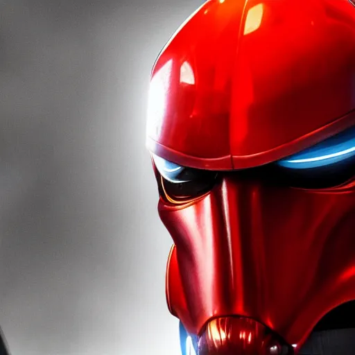 Prompt: Pixar, Star Wars, red ant head superhero, wearing futuristic cybernetic battle armour, close up dramatic lighting, portrait, realistic reflection