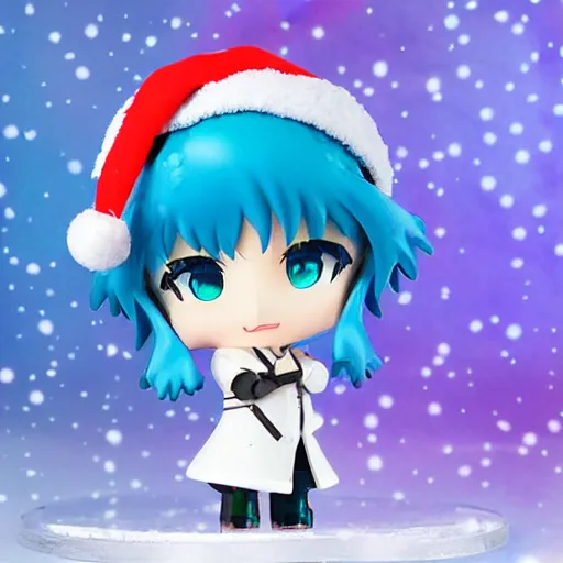 Image similar to snow miku nendroid pvc, christmas lights and snow in the background