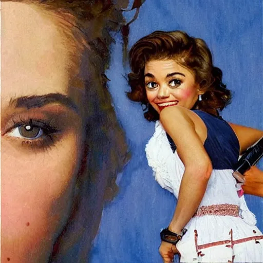 Image similar to sarah hyland making a duckface selfie, art by norman rockwell