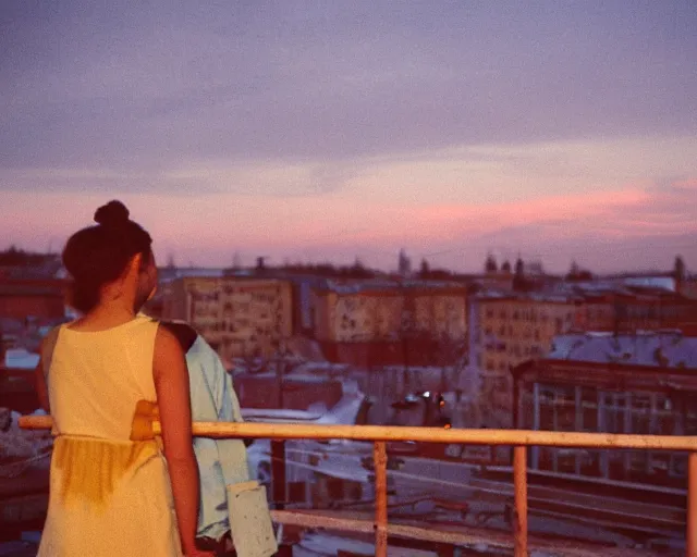 Image similar to lomo photo of pair standing on small hrushevka balcony full with cigarette smoke in small russian town looking at sunset, cinestill, bokeh