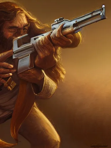 Image similar to jesus christ firing ak - 4 7. intricate, elegant, highly detailed, digital painting, artstation, concept art, sharp focus, illustration, by justin gerard and artgerm, 8 k