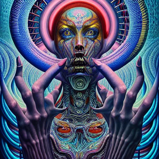 Prompt: Schwellenerfahrung in der Auflösung durch LSD, a intricate psychedelic painting, hyperdimensional, alex grey, HR Giger, peter mohrbacher