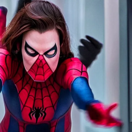 Image similar to A still of Mila Jovovich as spiderwoman in Spiderman 4 (2023), blonde hair with pink highlights, no mask