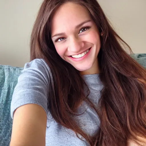 Image similar to Selfie photograph of a cute young woman smiling, long shiny bronze brown hair, full round face, emerald green eyes, medium skin tone, light cute freckles, smiling softly, wearing casual clothing, relaxing on a modern couch, interior lighting, cozy living room background, close-up shot, professional photography