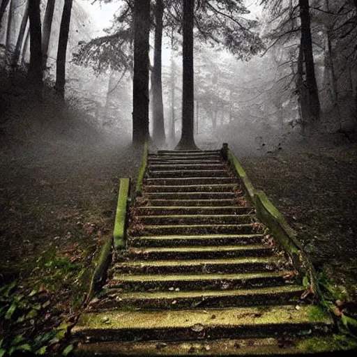 Prompt: creepy stairs in middle of forest, dark foggy misty colors!, dark forest from evil realm