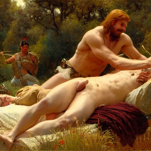 Image similar to ares tickles achilles the champion with a feather on a bed of pillows in a meadow, wine flows, painting by gaston bussiere, craig mullins, j. c. leyendecker, tom of finland