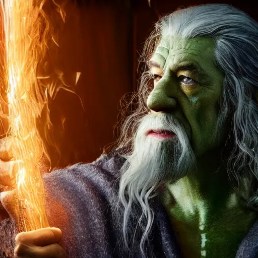 Prompt: film still of gandalf starring as the hulk, realistic extremely detailed photo style painting, granular detail, holographic krypton ion, octane render, 4 k, f 3 2, 5 5 mm photography, wide angle