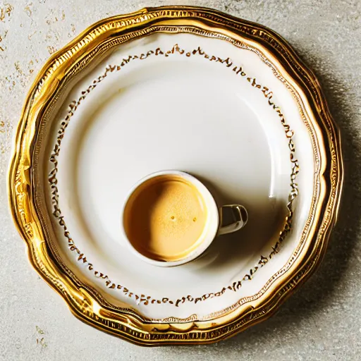 Prompt: ultra realistic photo of a cup of delicatessen pasticceria dolce cream in golden cup with rich details and luxury plates