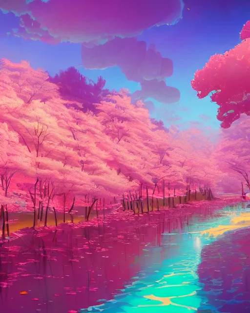 Prompt: candyland landscape | cherry - blossoms | highly detailed | very intricate | fantasy whimsical magical | soft bright natural morning light | pixar | award - winning | matte painting by anton fadeev and paul lehr and rhads and alena aenami | pastel color palette | featured on artstation