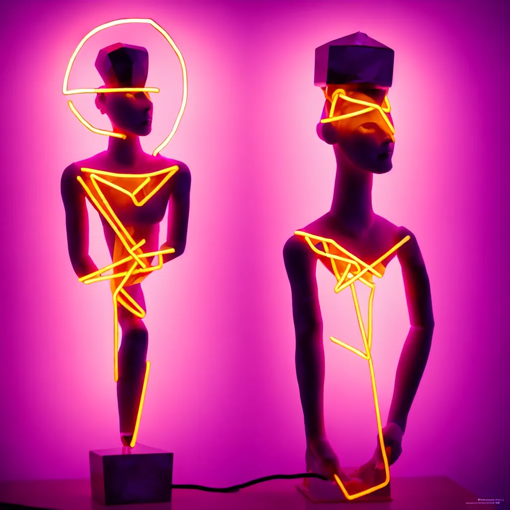 Prompt: beautiful mannequin sculpted out of amethyst by billelis + lit with geometric neon + kintsugi, facing a doorway opening with neon pink geometric light + gold geometric cubed bonsai plants, clean linework, dramatic, finely detailed, rule of thirds, moody, award winning, 4 k, trending on artstation, photorealistic, volumetric lighting, octane render