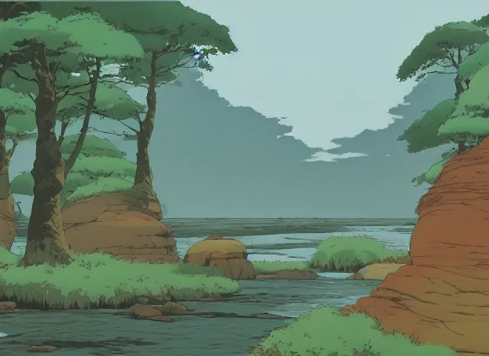 Image similar to pleasing appealing smooth flat rocky environment sunningrocks by the river's shore, forest clearing, still placid environment matte painting from studio ghibli and the fox and the hound ( 1 9 8 1 )