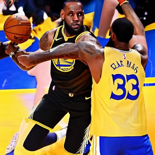 Image similar to professional close!!! up!!! shot!!! photograph of lebron james wearing a golden state warriors jersey in an nba game, wearing nba jersey, focus on face, clear image, as seen on getty images, smooth, uncompressed,