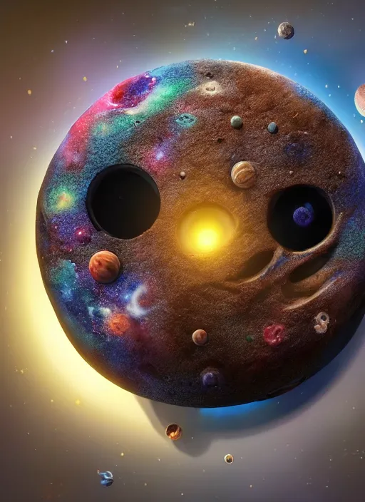 Image similar to a space cake with all planets and black hole on it, au naturel, hyper detailed, digital art, trending in artstation, cinematic lighting, studio quality, smooth render, unreal engine 5 rendered, octane rendered, art style by pixar dreamworks warner bros disney riot games.