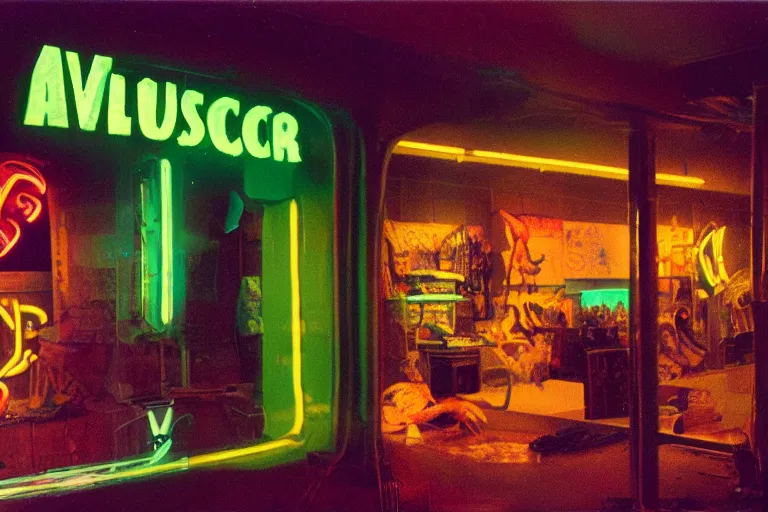 Image similar to Velociraptor shopping, inside of a 1970s music store store, neon lights, dirty, ektachrome photograph, volumetric lighting, f8 aperture, cinematic Eastman 5384 film