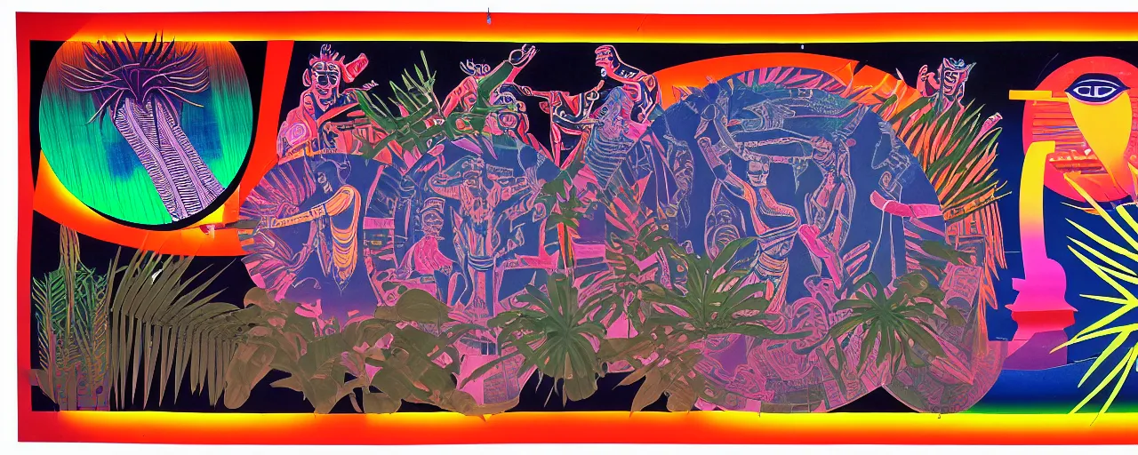 Prompt: 1978 cut out collage, theater stage, neon aztec, dusk on Jupiter, epic kabuki, tropical fish, ancient plants, film noir, in part by Alex Grey, part by Hale Woodruff