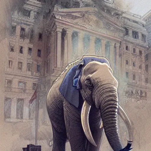 Image similar to an elephant in a business suit burns down the capitol building, highly detailed digital painting, artstation, concept art, smooth, sharp focus, illustration, art by artgerm and greg rutkowski and alphonse mucha