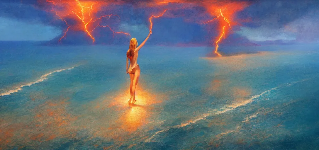 Image similar to aerial painting of a giant beautiful female, standing deep in the ocean, the sky and islands are on fire, atmospheric lightning, godray, concept art, in the style of bob byerley, 8 k high details