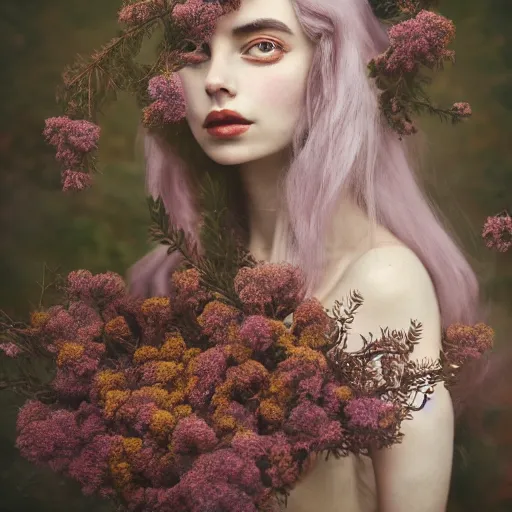 Image similar to fine art photo of the beauty goddess yael shelbia, she has a crown of dried flowers, by oleg oprisco