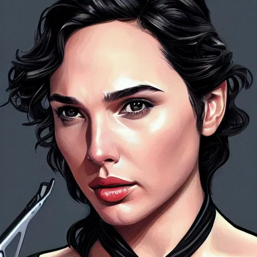 Image similar to gal gadot as james bond, portrait, highly detailed, digital painting, artstation, concept art, sharp focus, illustration, art by artgerm and greg rutkowski and alphonse mucha