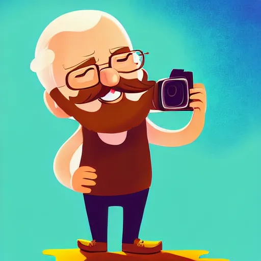 Image similar to curled perspective digital art of a cute smiling beard grandpa cartoon character taking a photo to a baby girl by anton fadeev