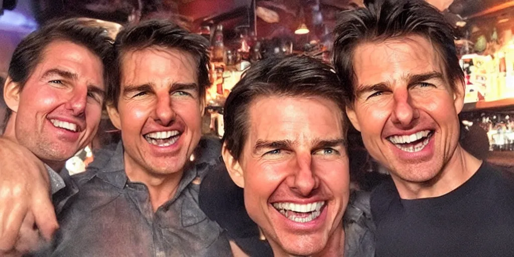 Image similar to hyper realistic tom cruise hanging out with tom cruise at a bar, all overly excited, jaw unhinged with laughter and smiling, all teeth, kinda disturbing but really funny, tom has evil eyes, like super evil looking, by greg rutkowski, scott m fischer, artgerm, loish, slight glow, atmospheric, anne stokes, alexandros pyromallis