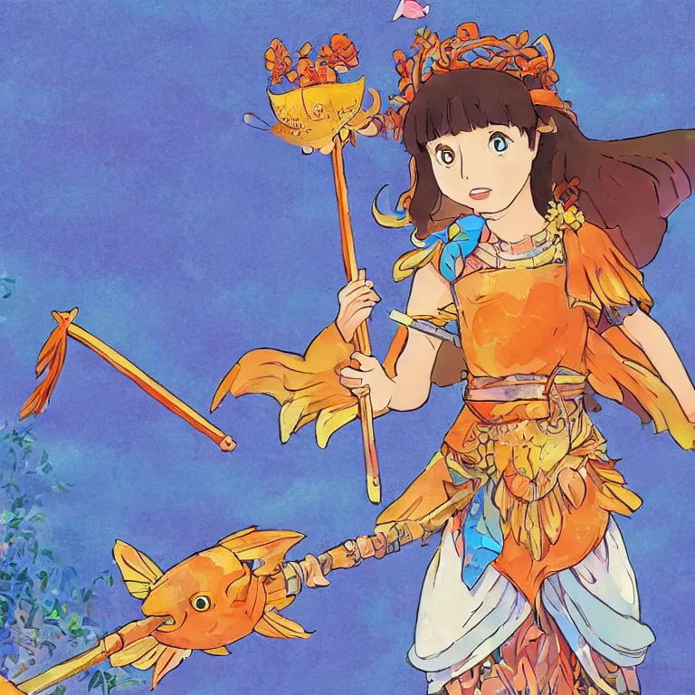 Prompt: young goddess, in goldfish armor, wielding a fish sword, symmetrical, painting in the style of studio ghibli