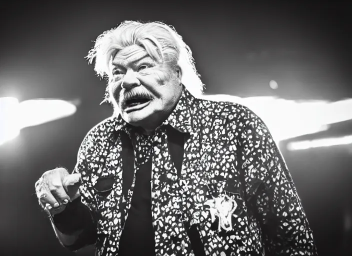 Image similar to photo still of rip taylor at vans warped tour!!!!!!!! at age 6 3 years old 6 3 years of age!!!!!!! stage diving at a crowd, 8 k, 8 5 mm f 1. 8, studio lighting, rim light, right side key light