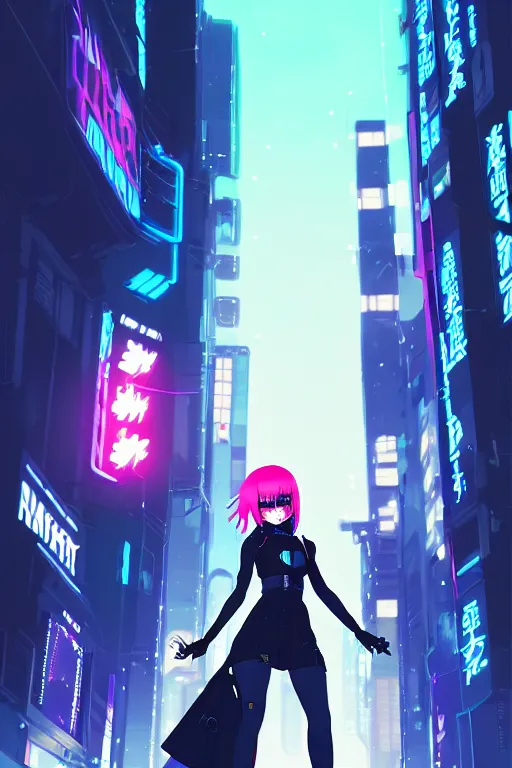 Prompt: digital illustration of cyberpunk pretty girl with blue hair, wearing a black ominatrix outfit, in city street at night, by makoto shinkai, ilya kuvshinov, lois van baarle, rossdraws, basquiat