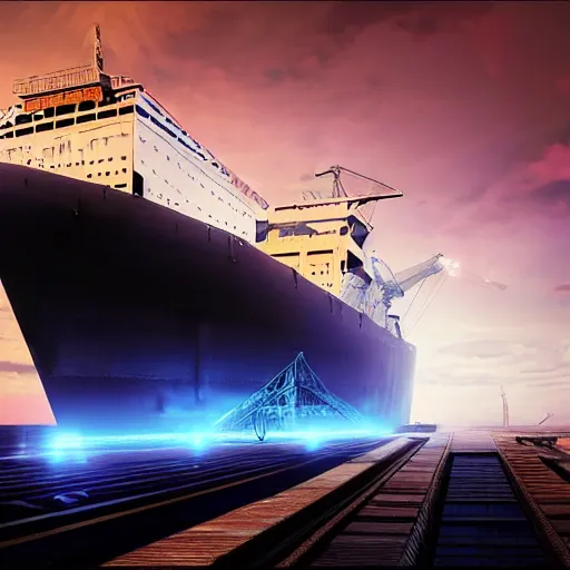 Image similar to photo of Immense industrial futuristic cargo ship arrives at cyber punk city sea port, cinematic lighting, photo