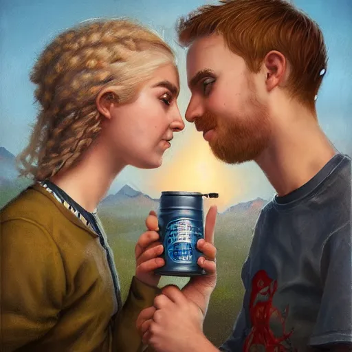 Prompt: a highly detailed portrait of a young couple from the side, holding a tin can, remote icelandic village, summer, jeans and t shirt, blonde hair, muted colors, joy, by tom bagshaw, trending on artstation,