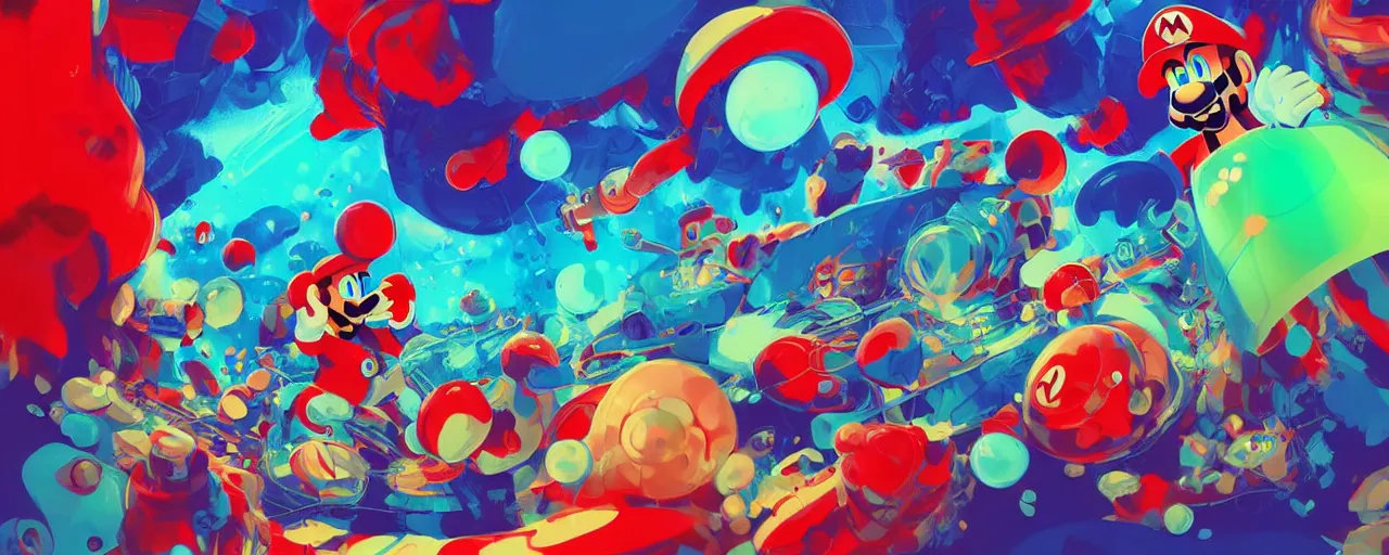 Image similar to duotone red blue green illustration super mario as real human having psychedelic trip on mushrooms shamanic atmosphere machground with chemical molecules structures. hypnotic fractals. by sachin teng and sergey kolesov and ruan jia and heng z. graffiti art, scifi, fantasy, hyper detailed. octane render. concept art. trending on artstation