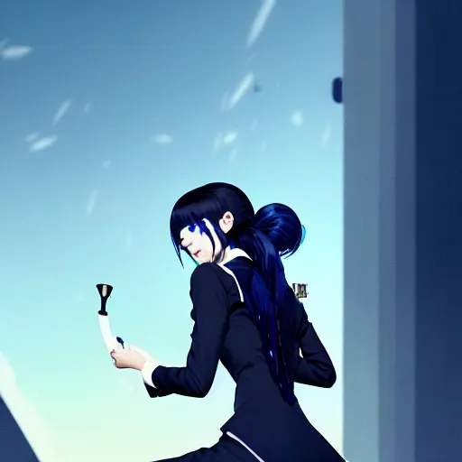 Prompt: the backside of a long blue - haired girl in a tailcoat, noir, screenshot, sharp focus, intricate, illustration, cell shaded, digital painting, highly detailed, matte, art by ilya kuvshinov, wlop, greg rutkowski, studio quality, james jean, akihiko yoshida